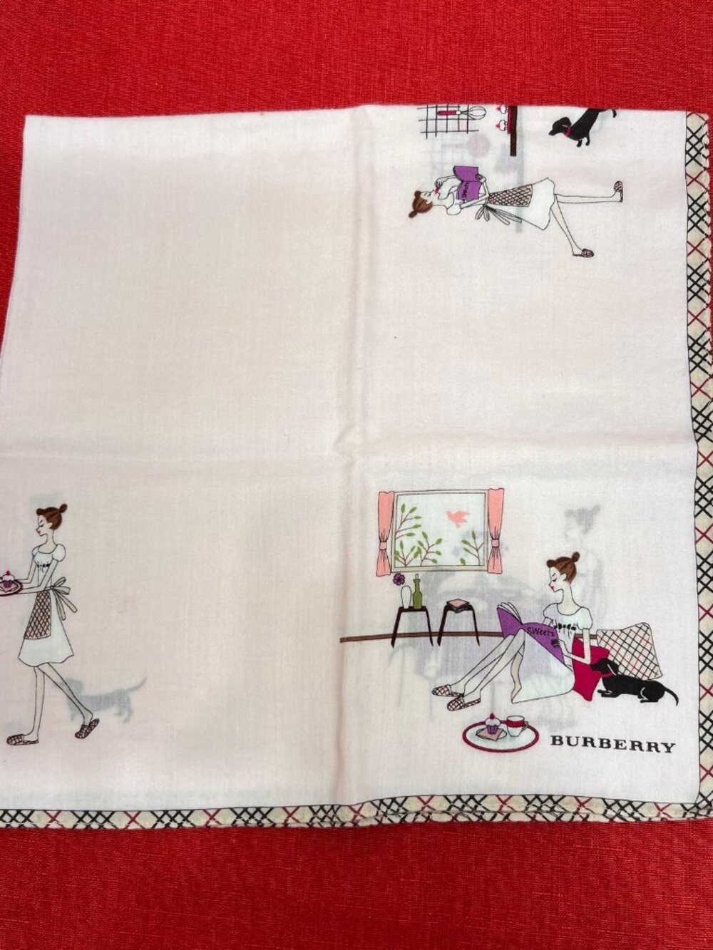 Burberrys Mini Scarf cotton 19.5" ligh pink beic=ge novacheck dogs and girl (87 - Picture 9 of 10